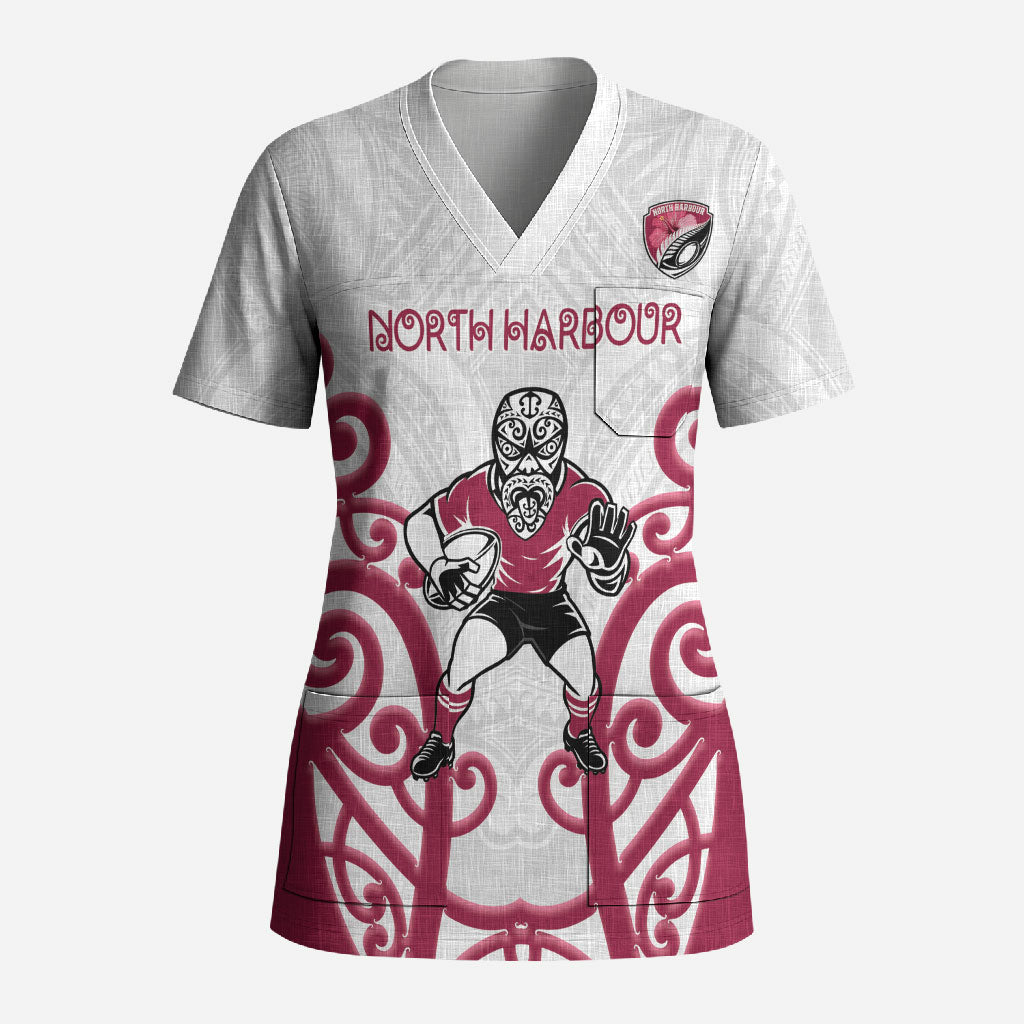 North Harbour Custom Rugby New Zealand Scrub Top Aotearoa Maori Pukana Tiki Mascot