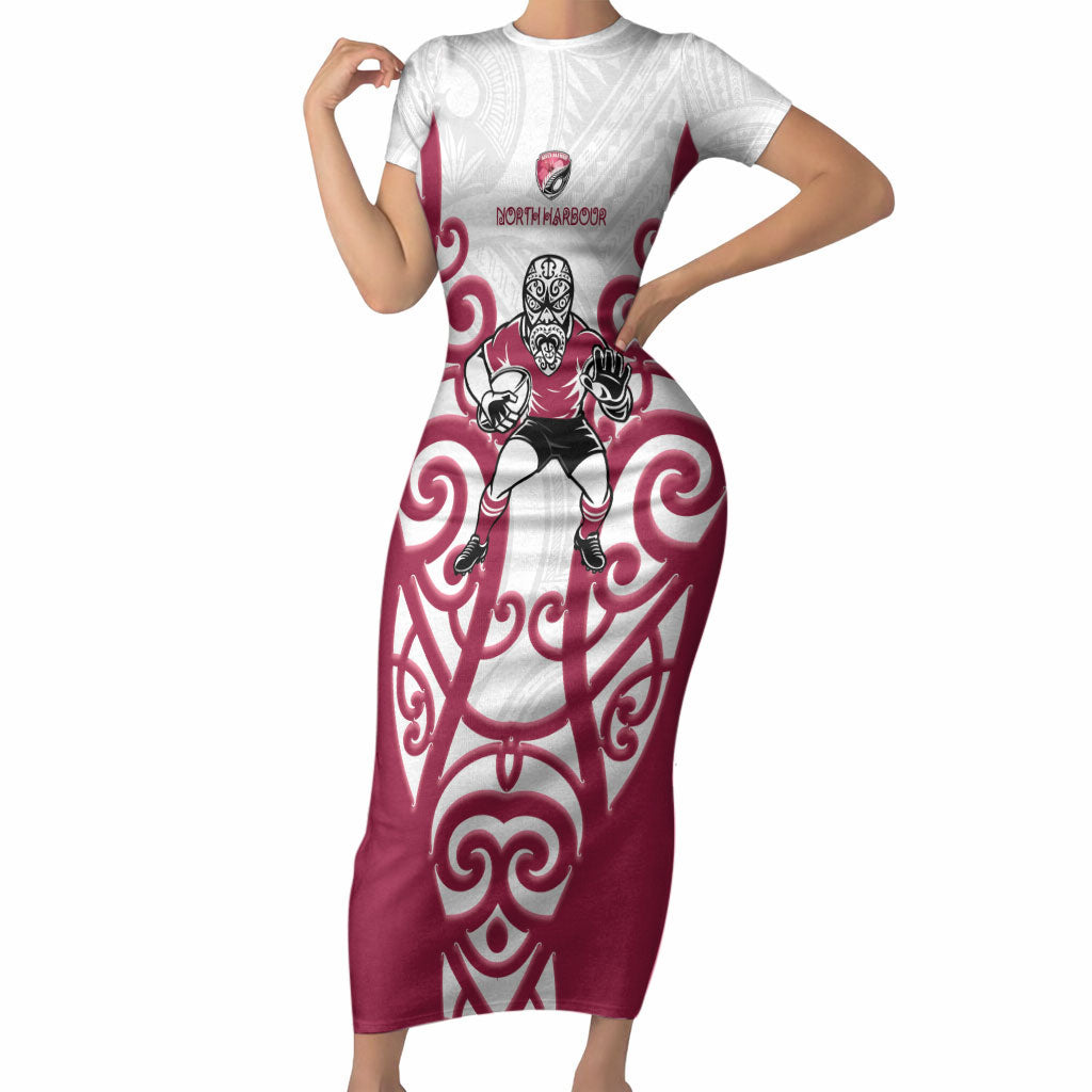 North Harbour Custom Rugby New Zealand Short Sleeve Bodycon Dress Aotearoa Maori Pukana Tiki Mascot
