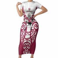 North Harbour Custom Rugby New Zealand Short Sleeve Bodycon Dress Aotearoa Maori Pukana Tiki Mascot