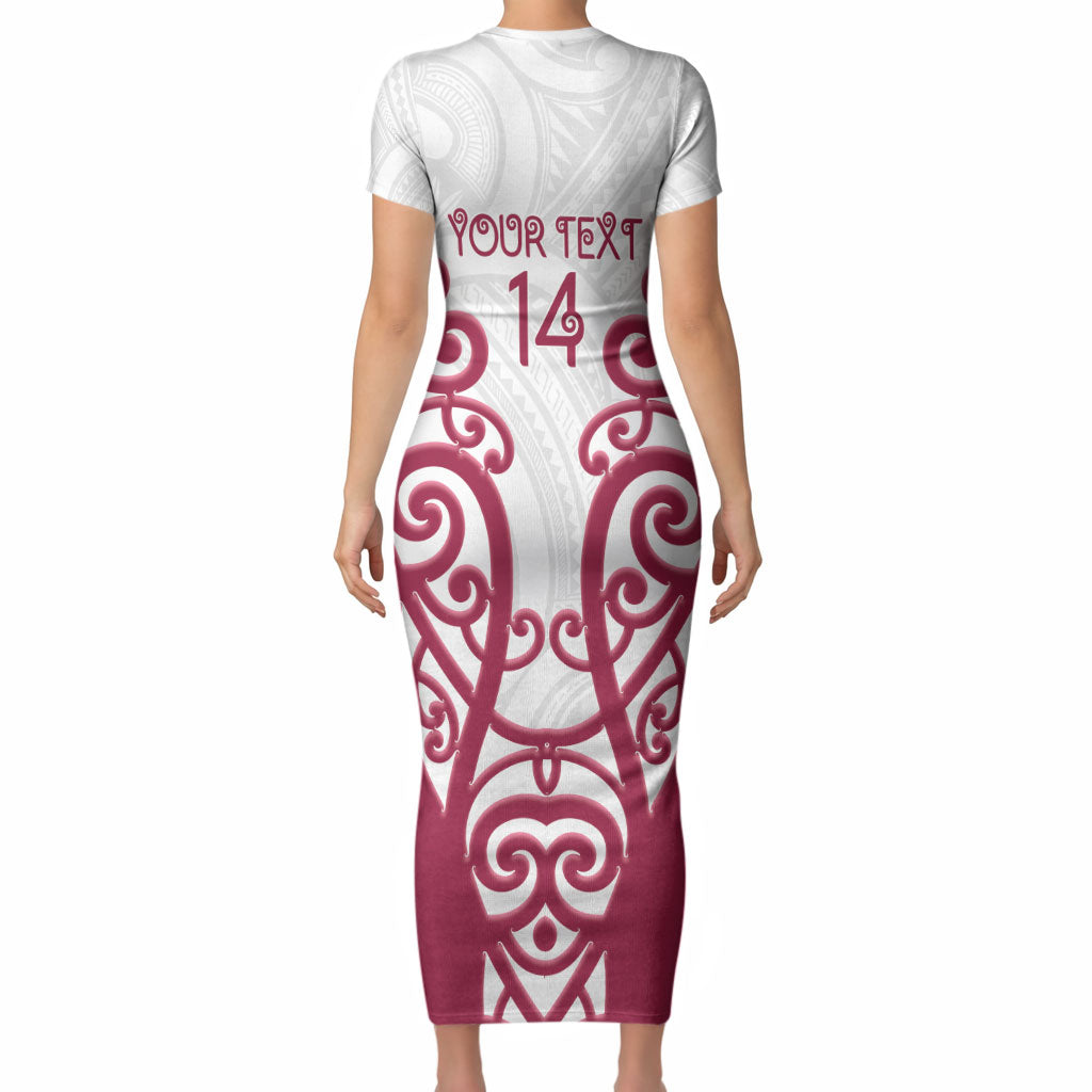 North Harbour Custom Rugby New Zealand Short Sleeve Bodycon Dress Aotearoa Maori Pukana Tiki Mascot