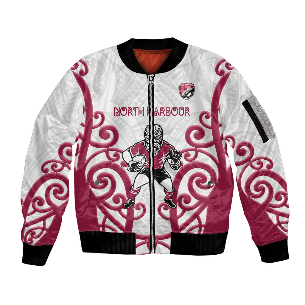 North Harbour Custom Rugby New Zealand Sleeve Zip Bomber Jacket Aotearoa Maori Pukana Tiki Mascot