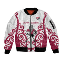 North Harbour Custom Rugby New Zealand Sleeve Zip Bomber Jacket Aotearoa Maori Pukana Tiki Mascot