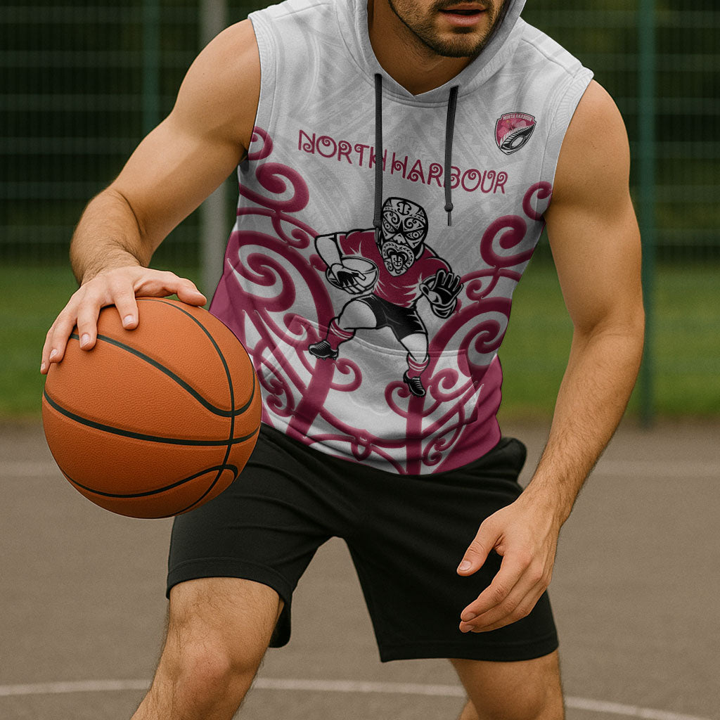 North Harbour Custom Rugby New Zealand Sleeveless Hoodie Aotearoa Maori Pukana Tiki Mascot