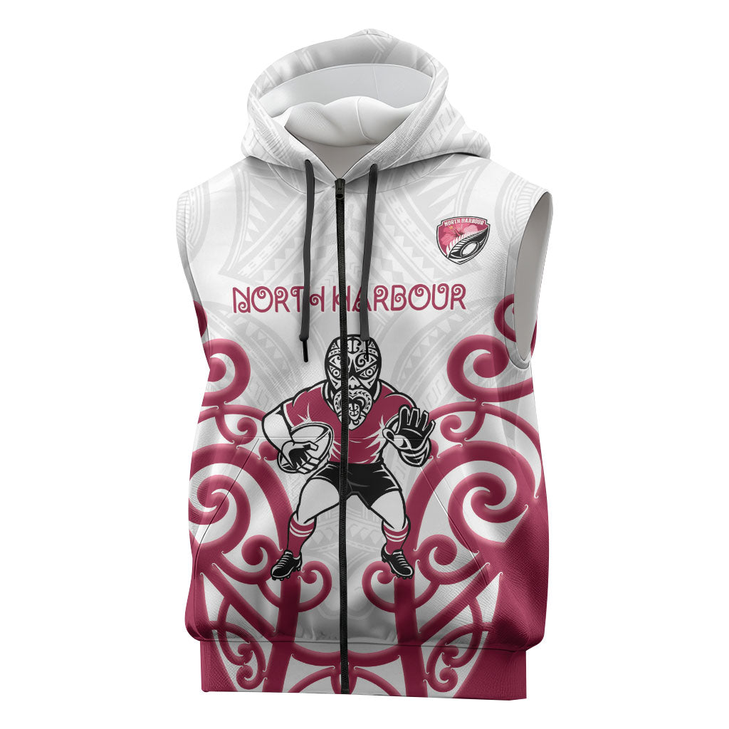 North Harbour Custom Rugby New Zealand Sleeveless Zip Hoodie Aotearoa Maori Pukana Tiki Mascot