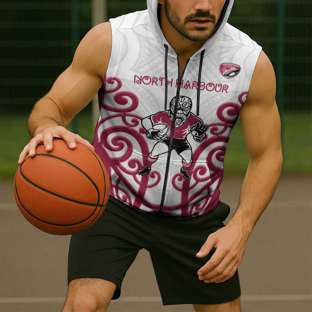 North Harbour Custom Rugby New Zealand Sleeveless Zip Hoodie Aotearoa Maori Pukana Tiki Mascot