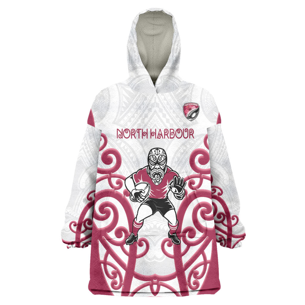North Harbour Custom Rugby New Zealand Wearable Blanket Hoodie Aotearoa Maori Pukana Tiki Mascot