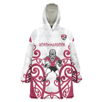 North Harbour Custom Rugby New Zealand Wearable Blanket Hoodie Aotearoa Maori Pukana Tiki Mascot