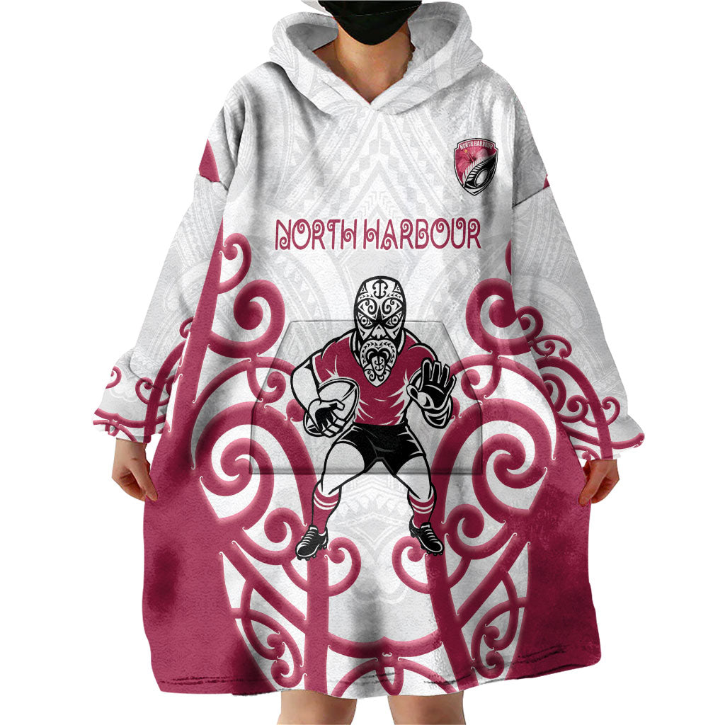 North Harbour Custom Rugby New Zealand Wearable Blanket Hoodie Aotearoa Maori Pukana Tiki Mascot