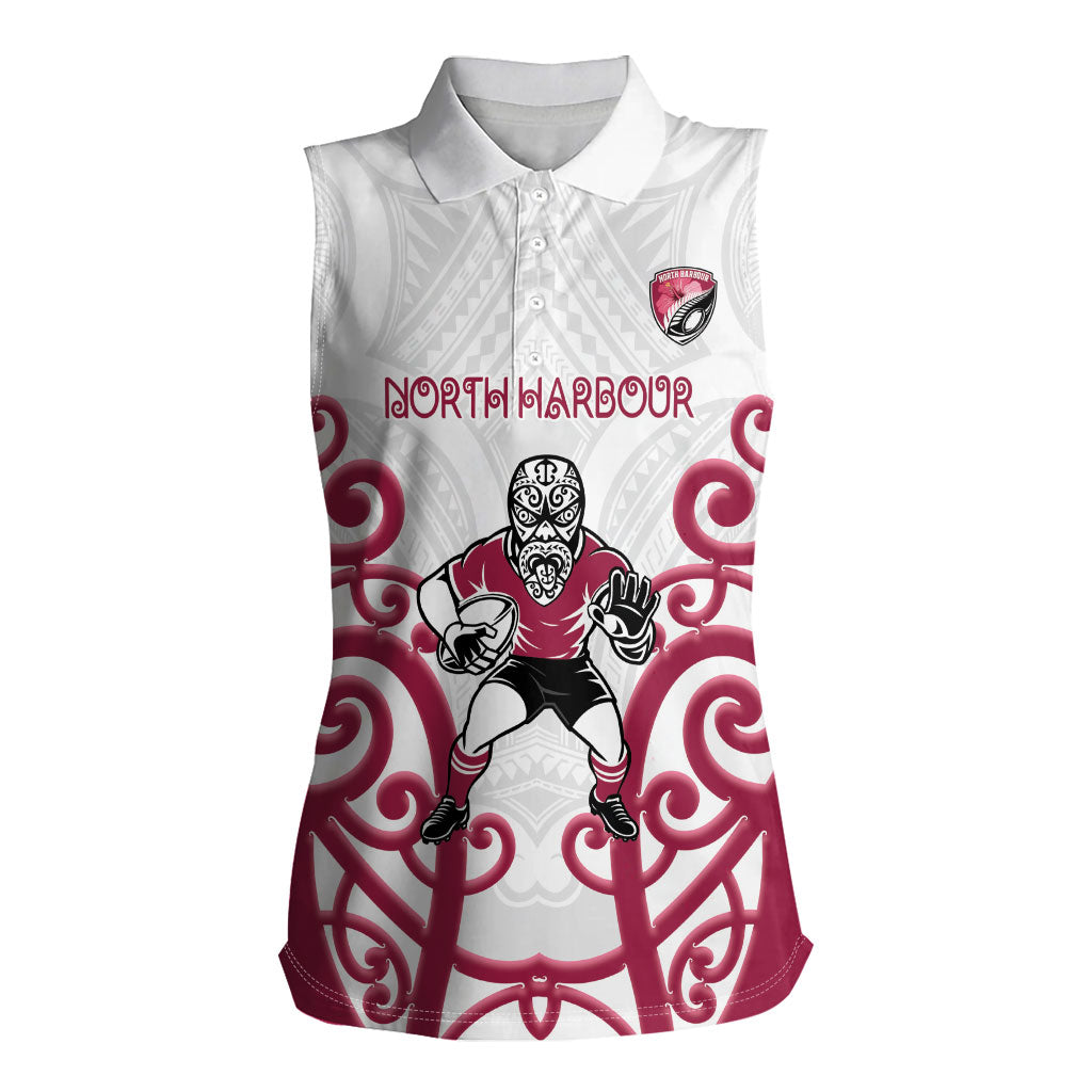 North Harbour Custom Rugby New Zealand Women Sleeveless Polo Shirt Aotearoa Maori Pukana Tiki Mascot