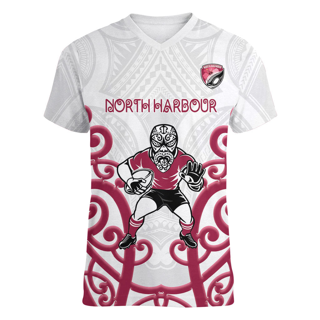 North Harbour Custom Rugby New Zealand Women V-Neck T-Shirt Aotearoa Maori Pukana Tiki Mascot