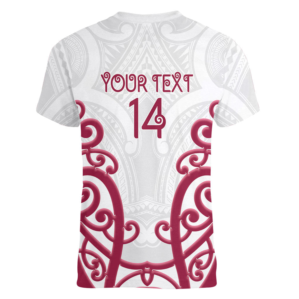 North Harbour Custom Rugby New Zealand Women V-Neck T-Shirt Aotearoa Maori Pukana Tiki Mascot