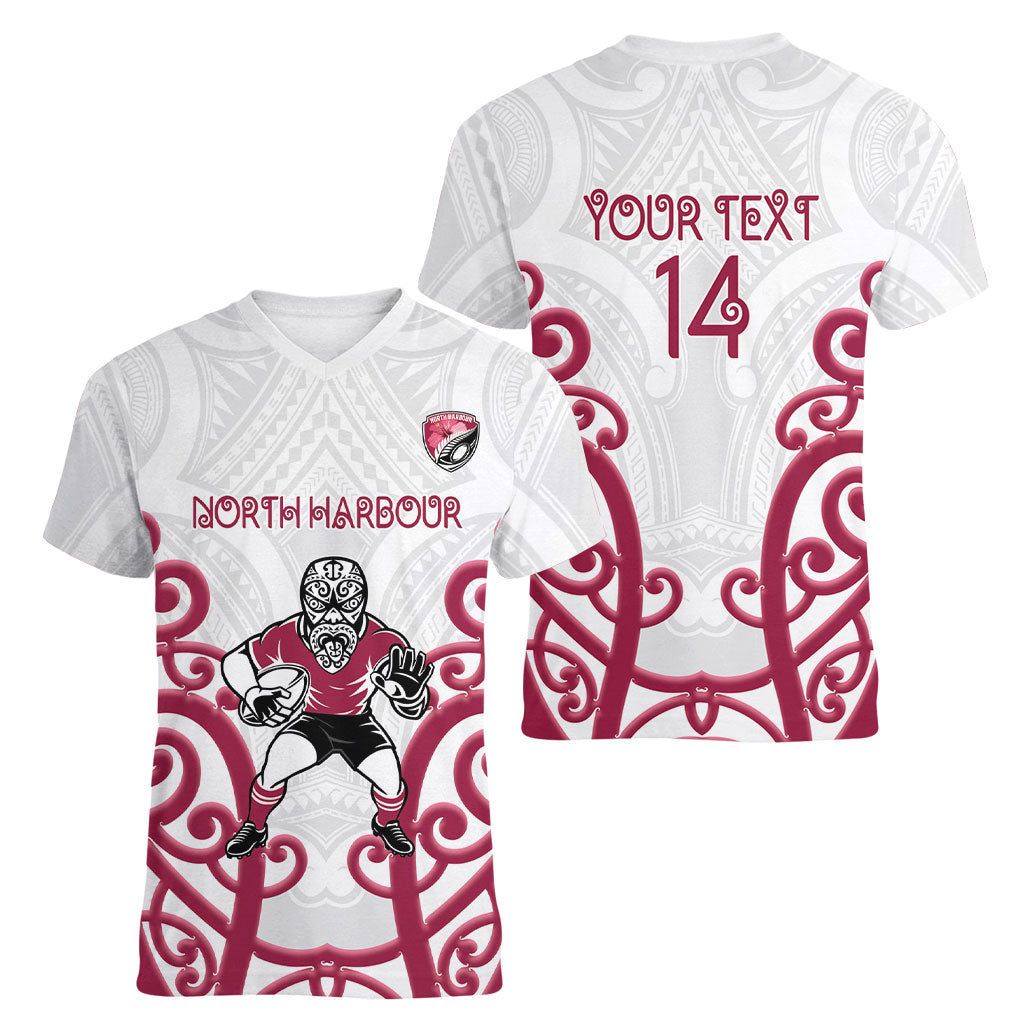 North Harbour Custom Rugby New Zealand Women V-Neck T-Shirt Aotearoa Maori Pukana Tiki Mascot