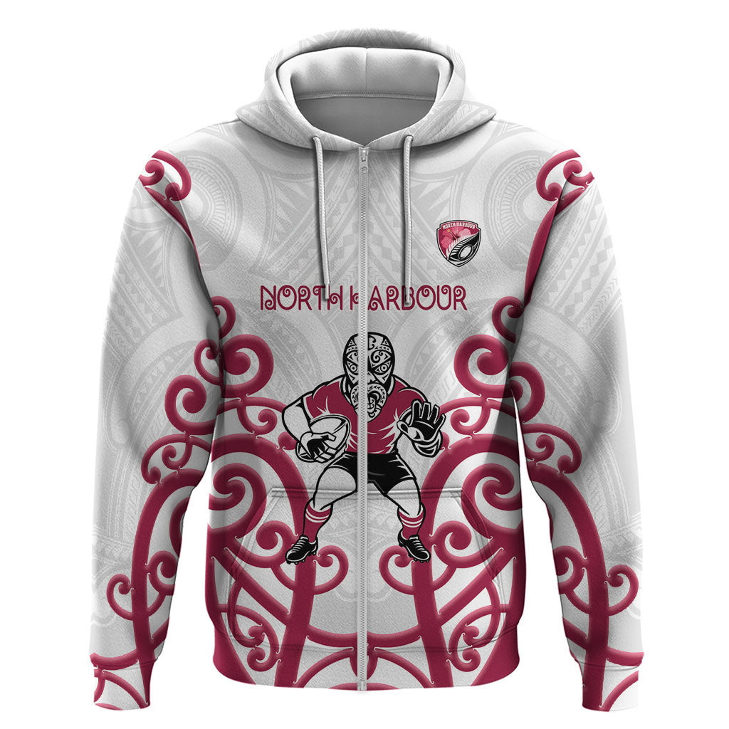 North Harbour Custom Rugby New Zealand Zip Hoodie Aotearoa Maori Pukana Tiki Mascot