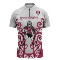 North Harbour Custom Rugby New Zealand Zipper Polo Shirt Aotearoa Maori Pukana Tiki Mascot