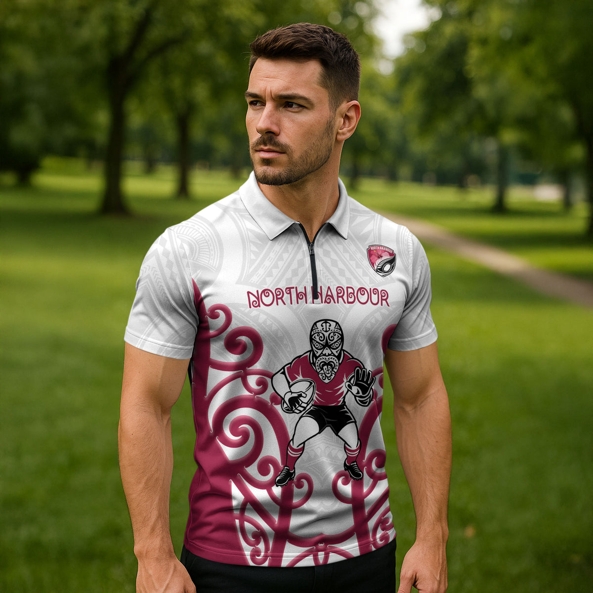 North Harbour Custom Rugby New Zealand Zipper Polo Shirt Aotearoa Maori Pukana Tiki Mascot