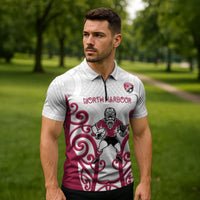 North Harbour Custom Rugby New Zealand Zipper Polo Shirt Aotearoa Maori Pukana Tiki Mascot