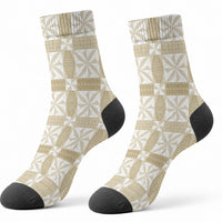 Beige Ngatu Pattern Malo e Lelei Tonga Crew Socks LT14 - Polynesian Pride