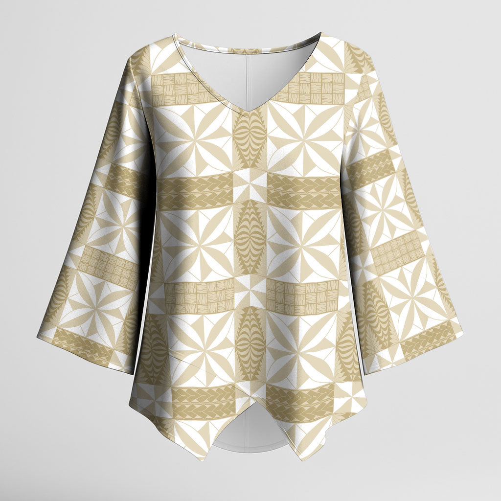 Beige Ngatu Pattern Malo e Lelei Tonga Kimono Sleeve Blouse LT14 Female Beige - Polynesian Pride