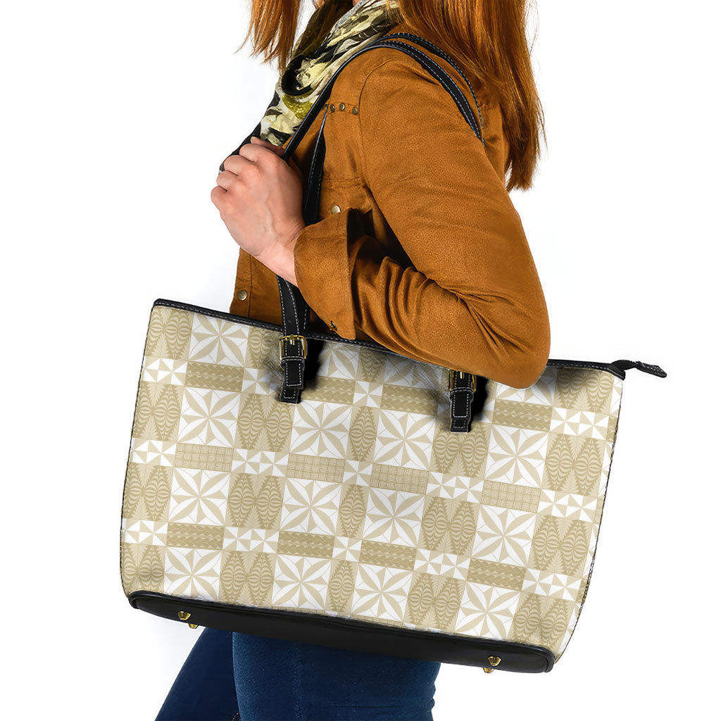 Beige Ngatu Pattern Malo e Lelei Tonga Leather Tote Bag