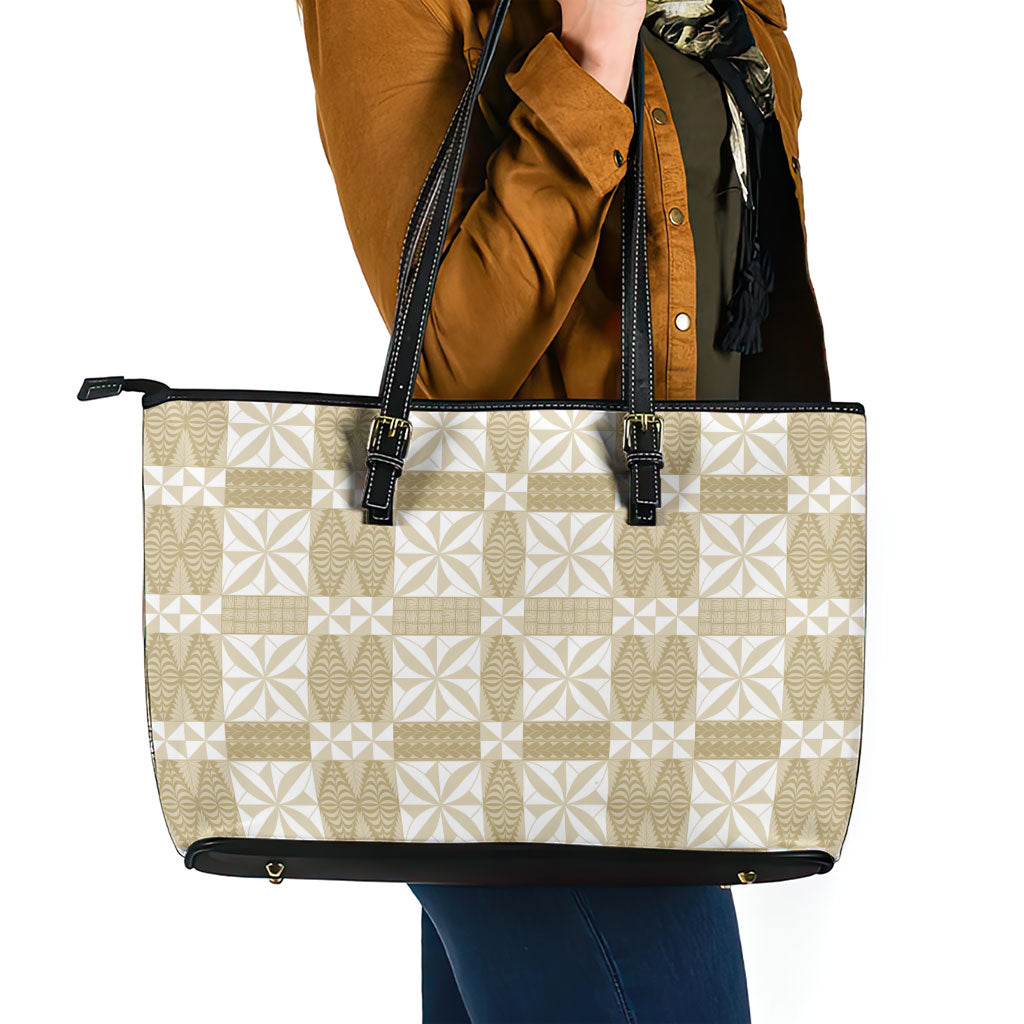 Beige Ngatu Pattern Malo e Lelei Tonga Leather Tote Bag