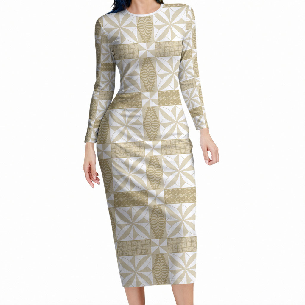 Beige Ngatu Pattern Malo e Lelei Tonga Long Sleeve Bodycon Dress