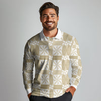 Beige Ngatu Pattern Malo e Lelei Tonga Long Sleeve Polo Shirt