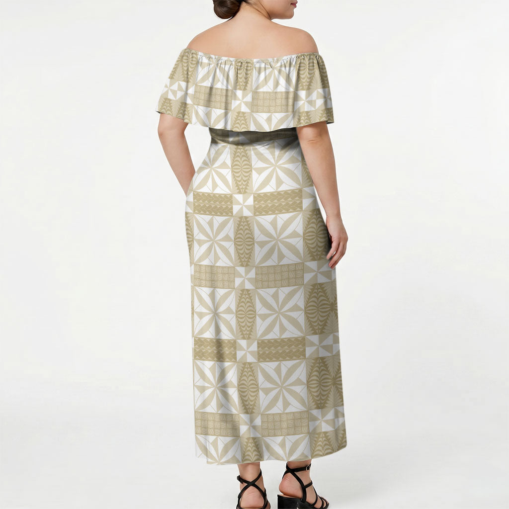 Beige Ngatu Pattern Malo e Lelei Tonga Off Shoulder Maxi Dress