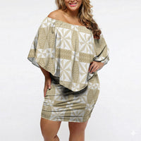 Beige Ngatu Pattern Malo e Lelei Tonga Off Shoulder Short Dress