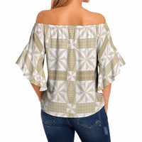 Beige Ngatu Pattern Malo e Lelei Tonga Off Shoulder Wrap Waist Top