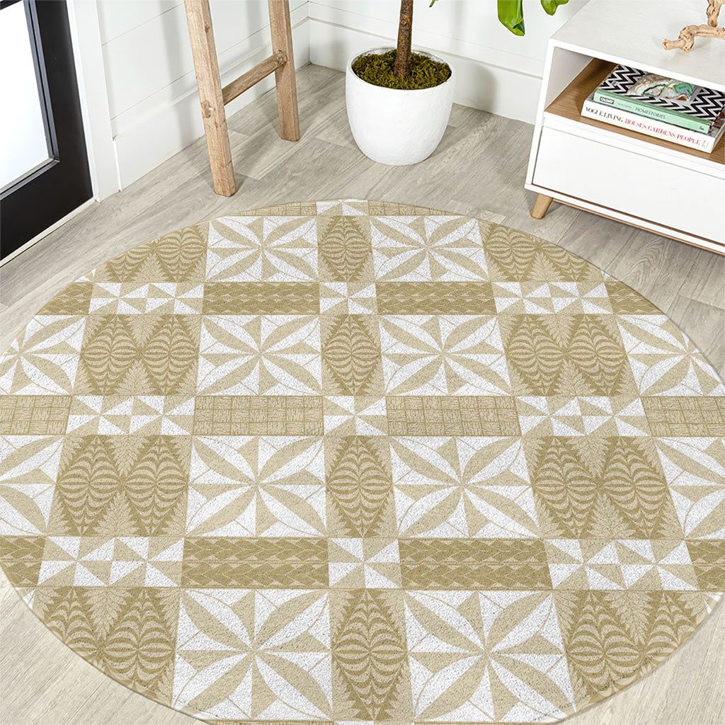 Beige Ngatu Pattern Malo e Lelei Tonga Round Carpet LT14 Beige - Polynesian Pride