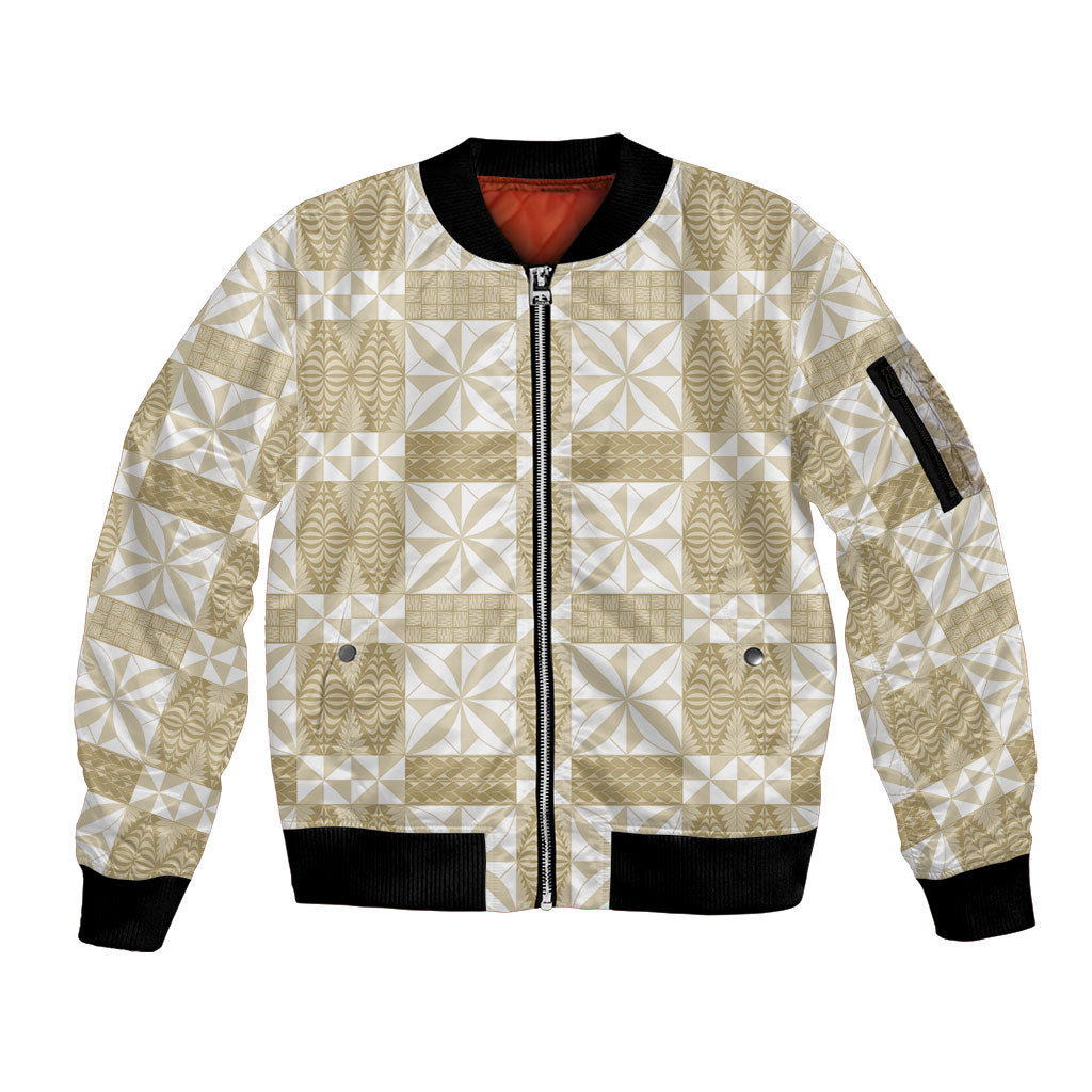 Beige Ngatu Pattern Malo e Lelei Tonga Sleeve Zip Bomber Jacket