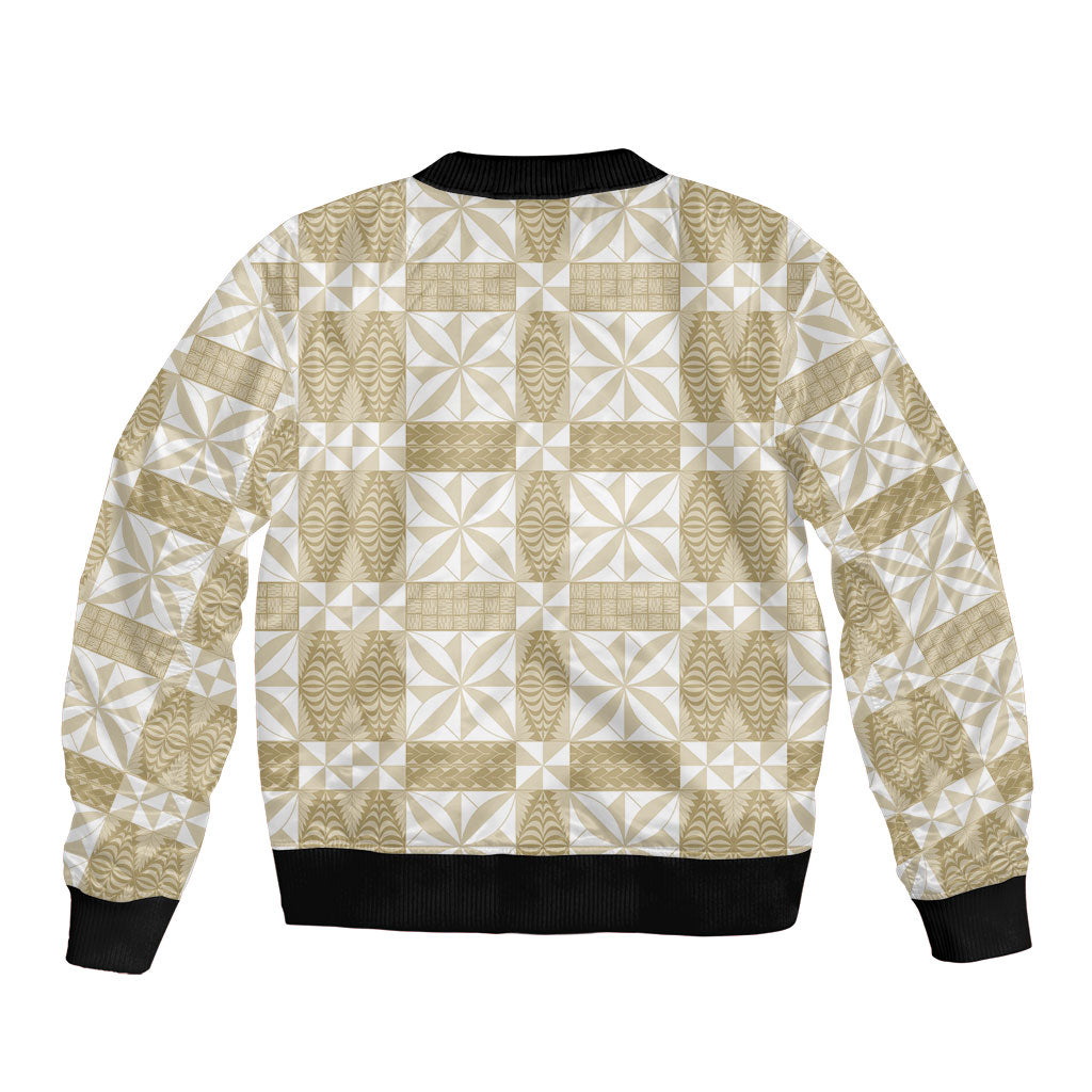 Beige Ngatu Pattern Malo e Lelei Tonga Sleeve Zip Bomber Jacket