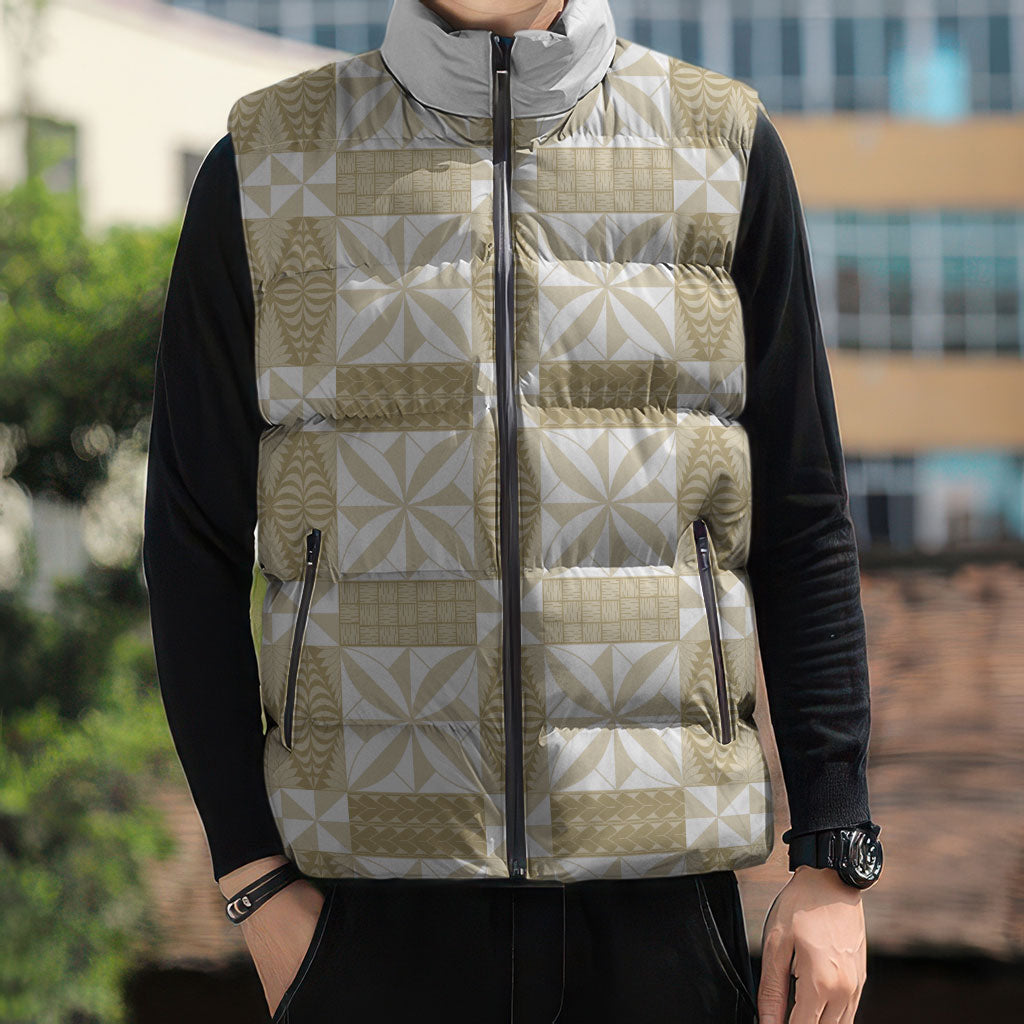 Beige Ngatu Pattern Malo e Lelei Tonga Sleeveless Puffer Jacket