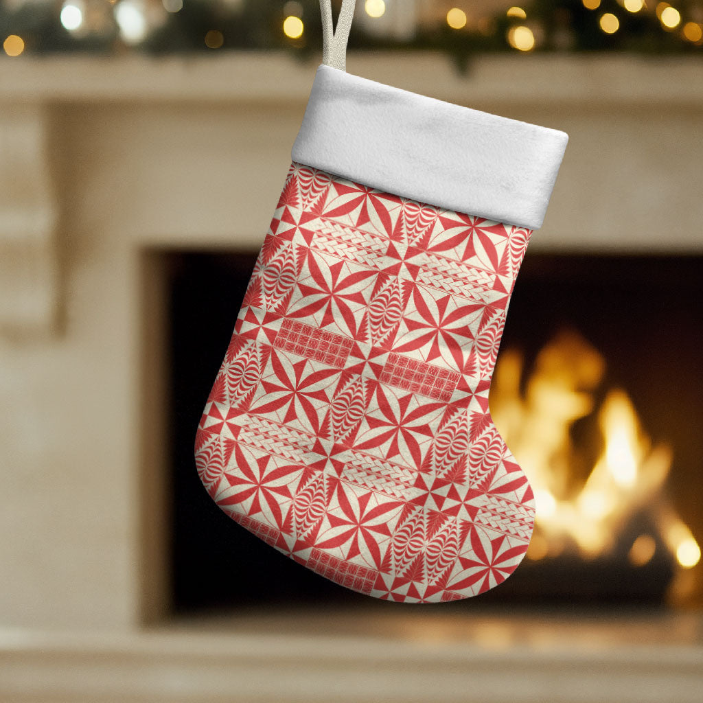 Red Ngatu Pattern Malo e Lelei Tonga Christmas Stocking LT14 Set of 2 Red - Polynesian Pride