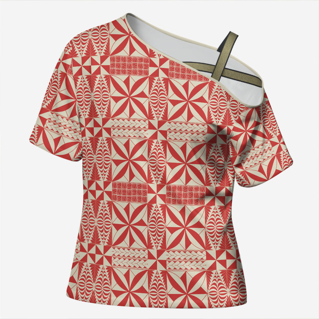 Red Ngatu Pattern Malo e Lelei Tonga Cross Shoulder Shirt