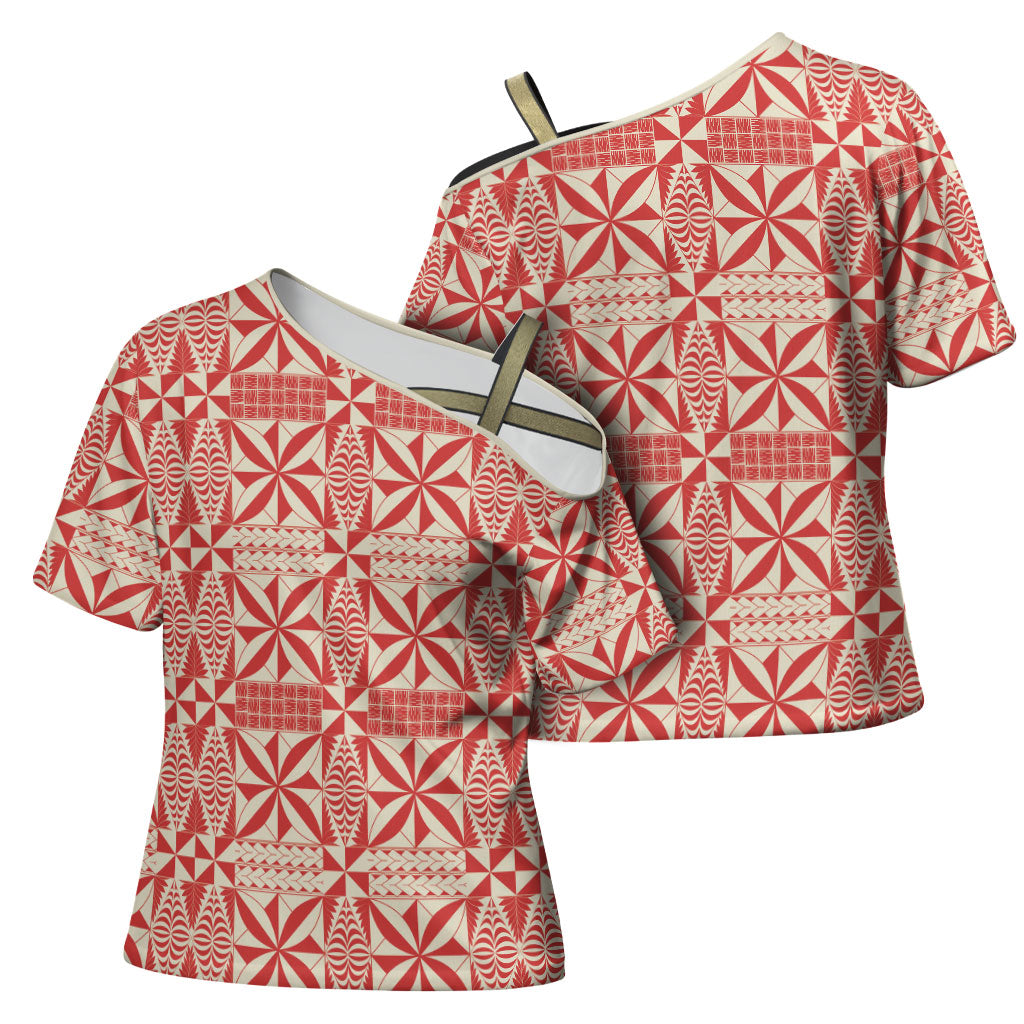Red Ngatu Pattern Malo e Lelei Tonga Cross Shoulder Shirt