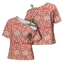 Red Ngatu Pattern Malo e Lelei Tonga Cross Shoulder Shirt