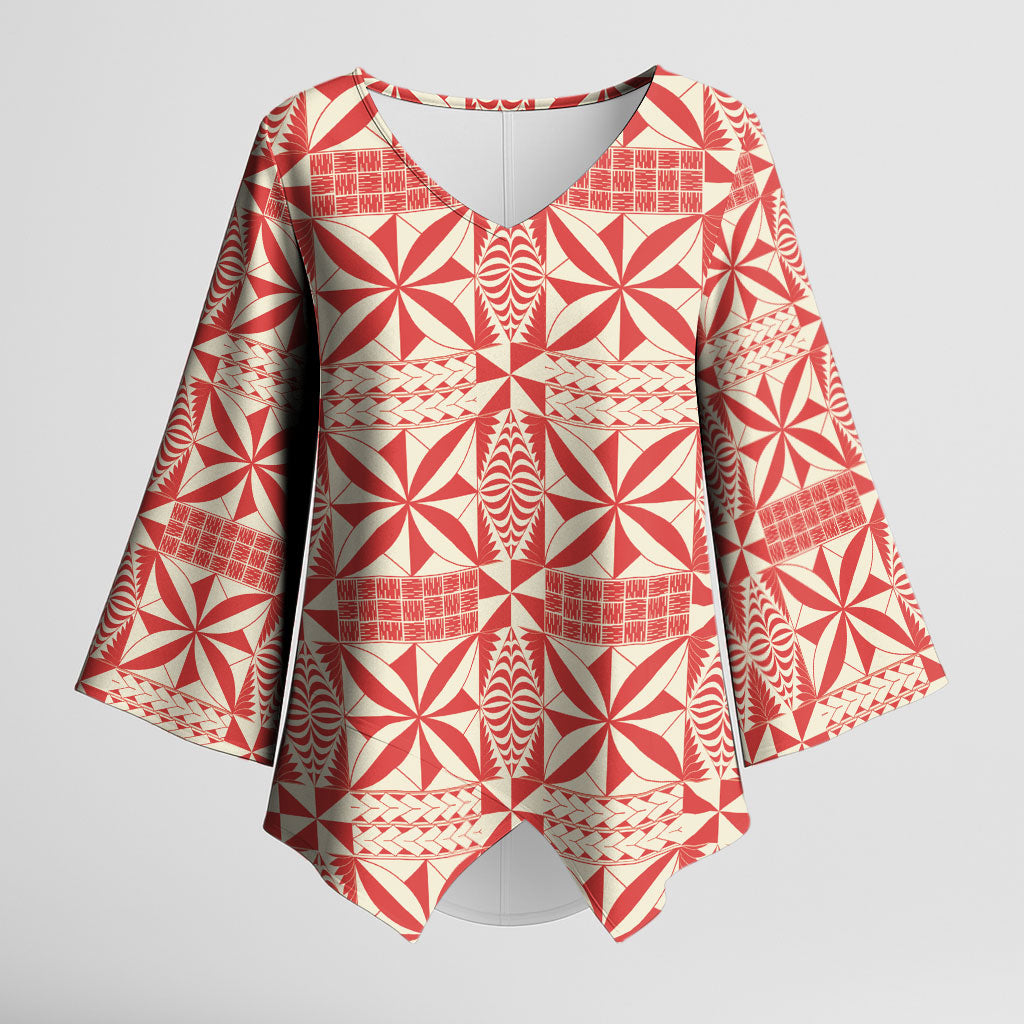 Red Ngatu Pattern Malo e Lelei Tonga Kimono Sleeve Blouse