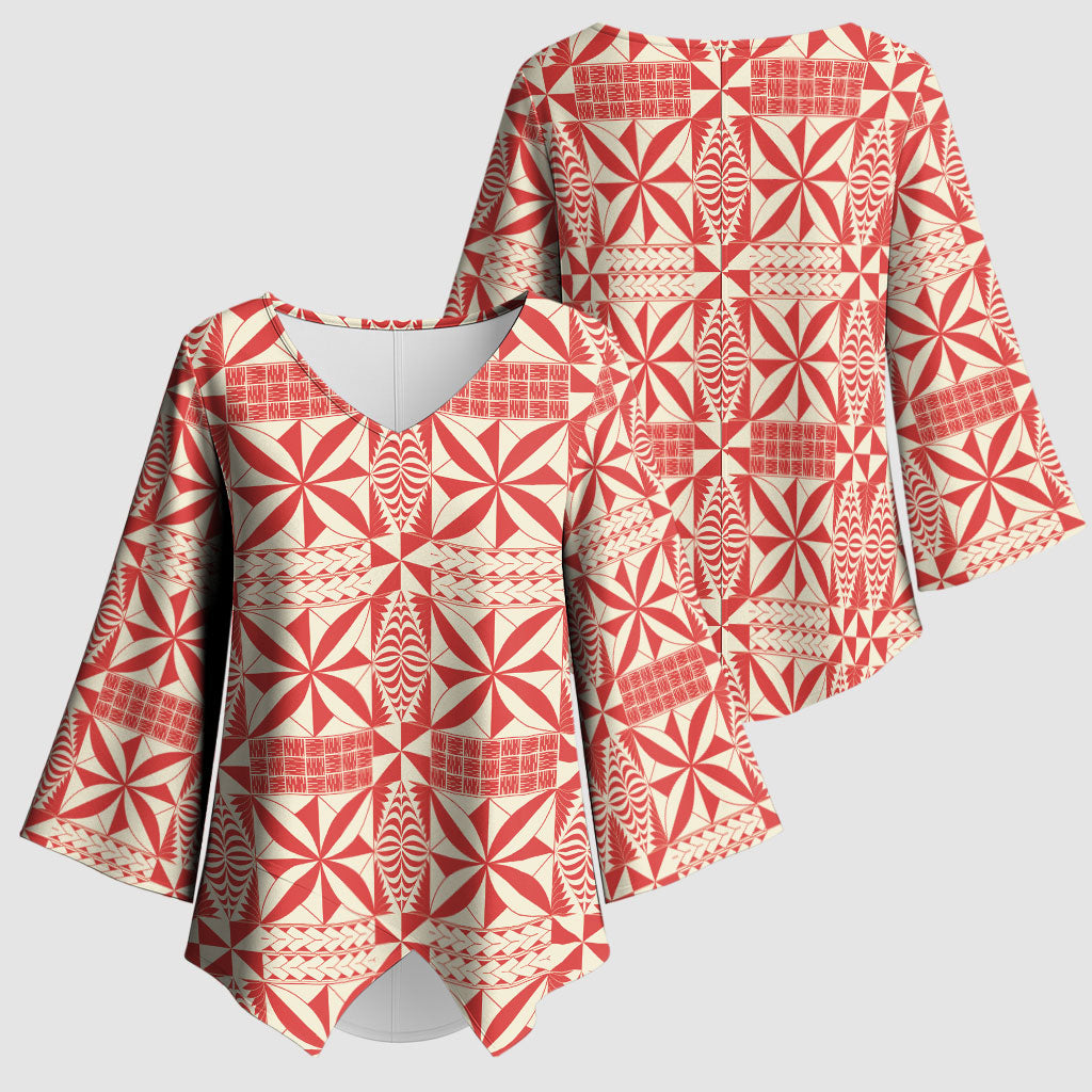 Red Ngatu Pattern Malo e Lelei Tonga Kimono Sleeve Blouse
