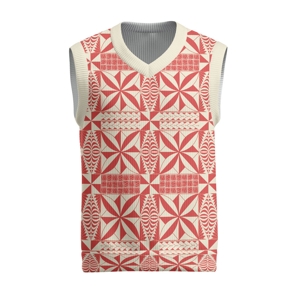 Red Ngatu Pattern Malo e Lelei Tonga Christmas Knitted V-Neck Vest