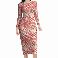 Red Ngatu Pattern Malo e Lelei Tonga Long Sleeve Bodycon Dress