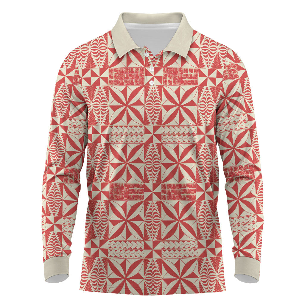 Red Ngatu Pattern Malo e Lelei Tonga Long Sleeve Polo Shirt