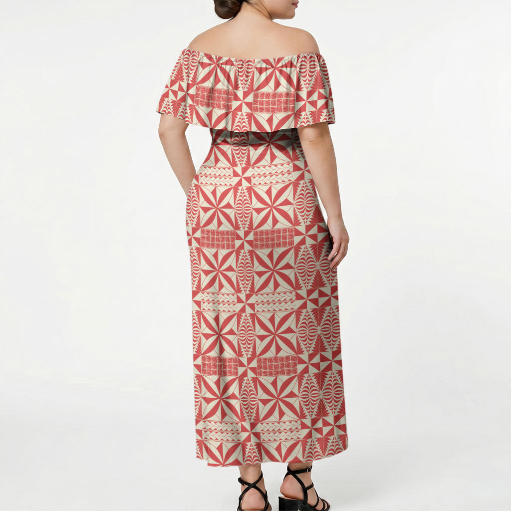 Red Ngatu Pattern Malo e Lelei Tonga Off Shoulder Maxi Dress