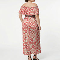 Red Ngatu Pattern Malo e Lelei Tonga Off Shoulder Maxi Dress