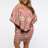 Red Ngatu Pattern Malo e Lelei Tonga Off Shoulder Short Dress