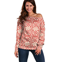 Red Ngatu Pattern Malo e Lelei Tonga Off Shoulder Sweater