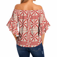 Red Ngatu Pattern Malo e Lelei Tonga Off Shoulder Wrap Waist Top