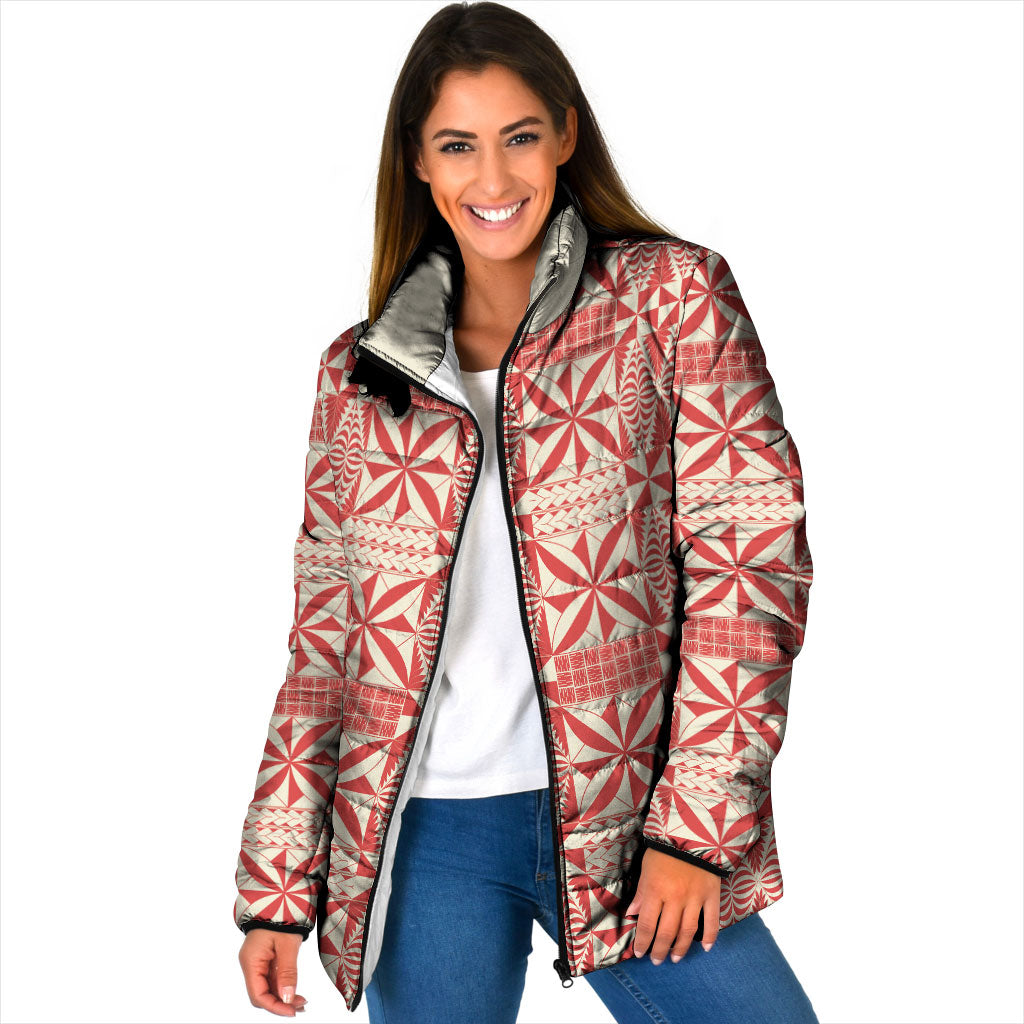 Red Ngatu Pattern Malo e Lelei Tonga Padded Jacket LT14 Women Red - Polynesian Pride