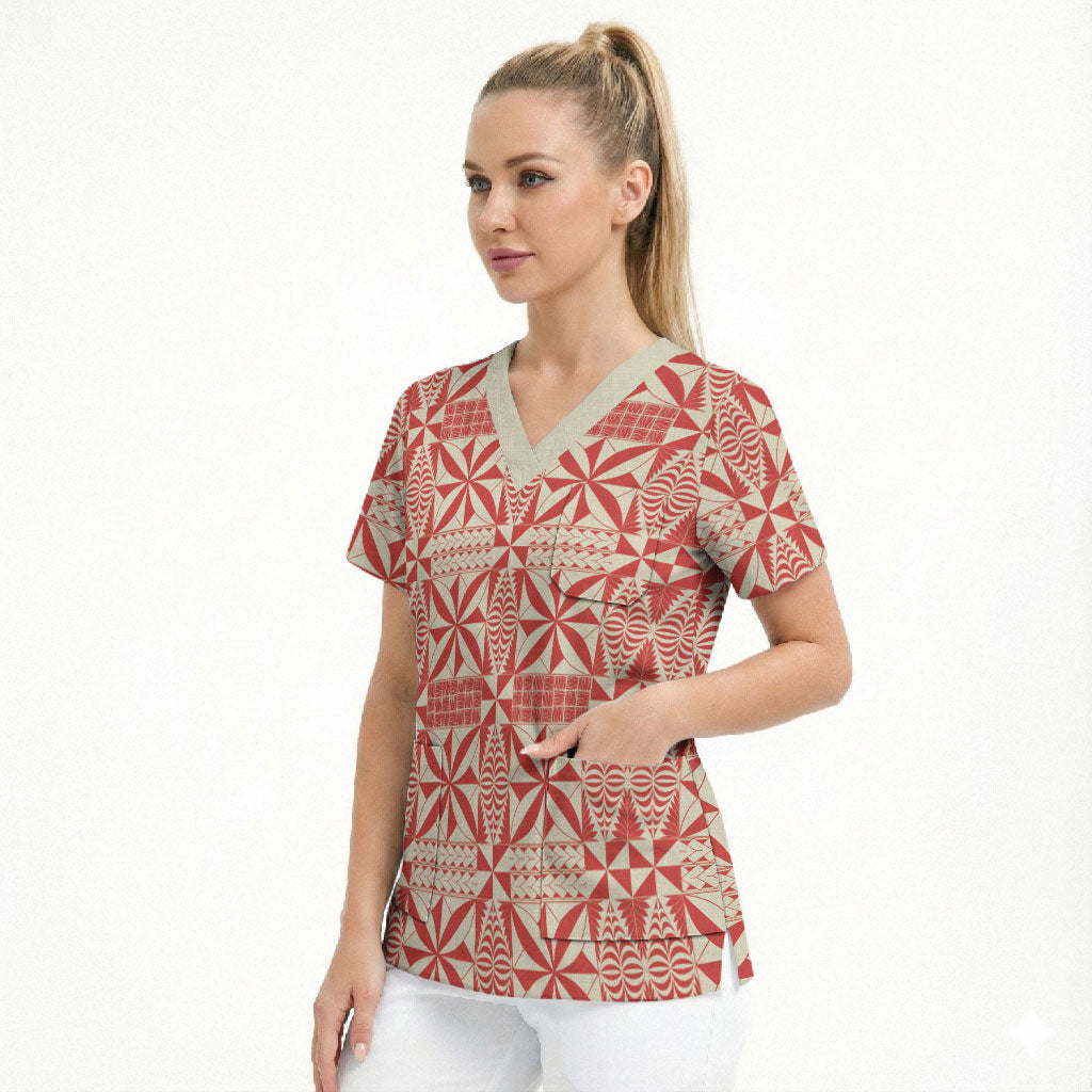 Red Ngatu Pattern Malo e Lelei Tonga Scrub Top LT14 - Polynesian Pride