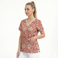 Red Ngatu Pattern Malo e Lelei Tonga Scrub Top LT14 - Polynesian Pride